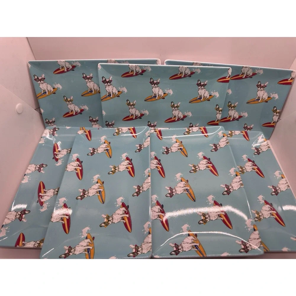 Alex & Zoë French Bulldog Surfing Melamine Dinnerware 17 Pc Plates Bowls Set